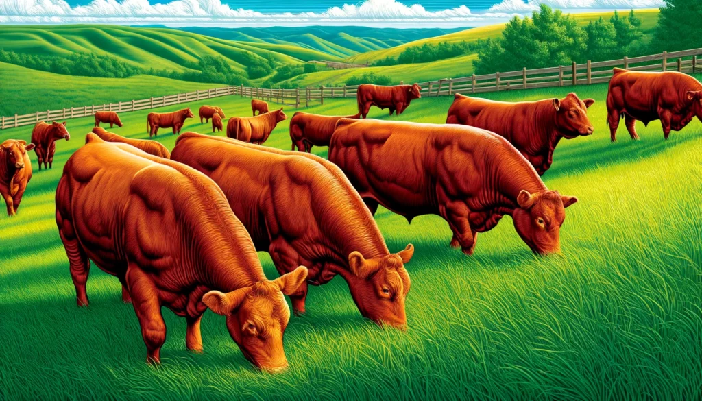 Beefmaster Cattle A detailed and vivid illustration of Beefmaster cattle. The scene showcases a group of Beefmaster cows and bulls grazing in a lush green pasture. The (1)